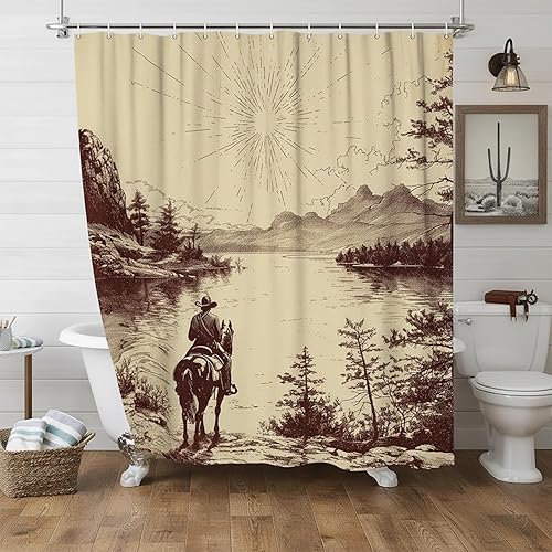 Miniatura 3 de DYNH Cortina de ducha de vaquero occidental, retro, campesino, salvaje, oeste, vaquero, caballo por el río, juego de cortina de ducha de tela
