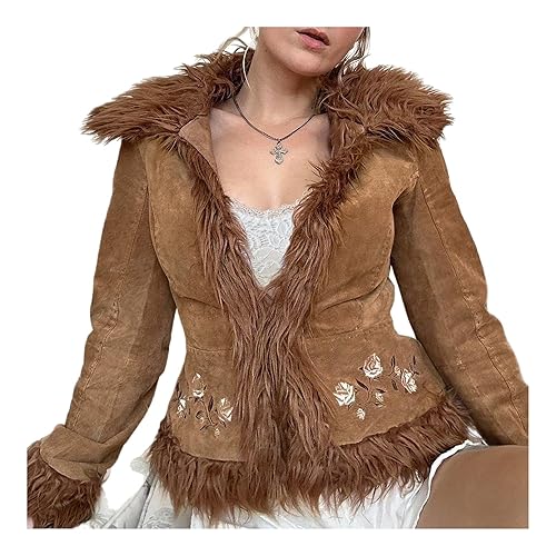 Brown Jacket for Wome Floral Print Faux Fur Vintage Coat
