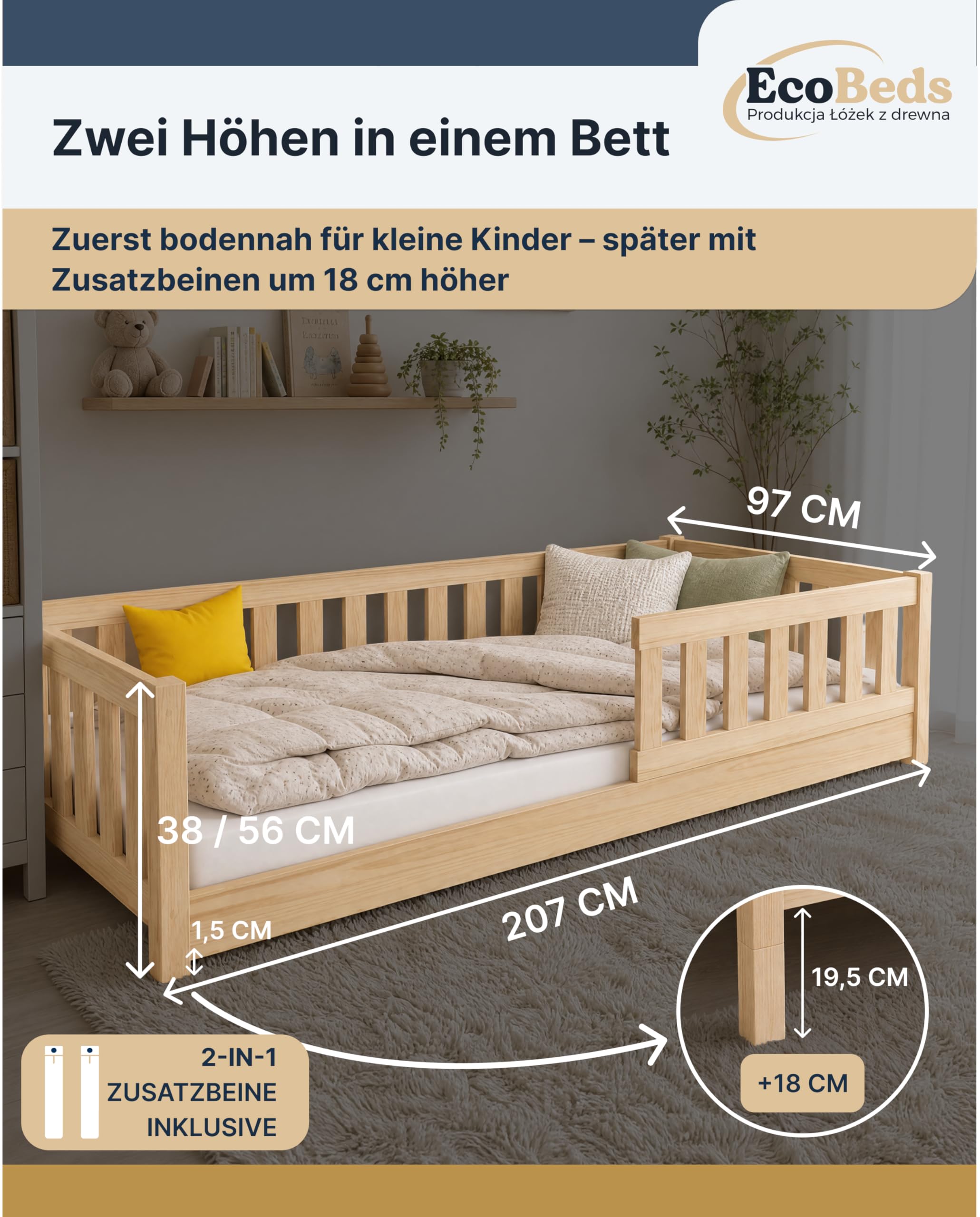 EcoBeds LULU Plus Bodenbett 90x200 cm Kiefer Massivholz bis 150 kg | Natur Lackiert - mit Rausfallschutz und 18 cm Füßen, für Kinder, stabil, robust, einfache Montage