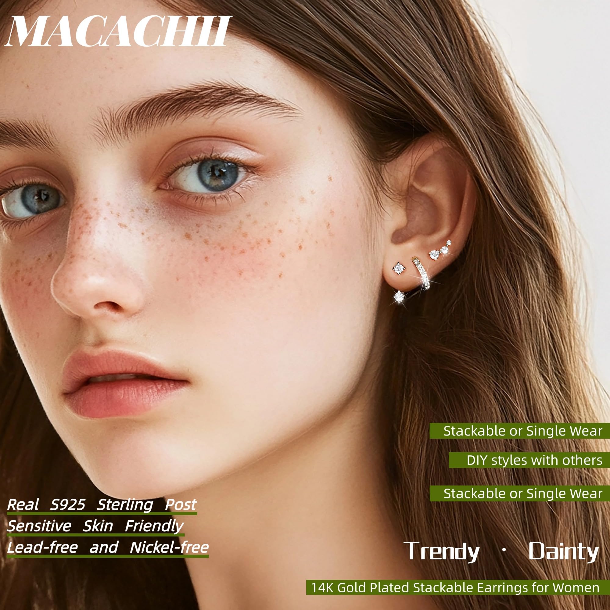 MACACHII Orecchini Donna Argento 925 Placcati Oro 14K - Set 3 Paia Orecchini a Lobo, Cerchio, Helix - Anallergici, Idee Regalo Gioielli per Piercing Multipli