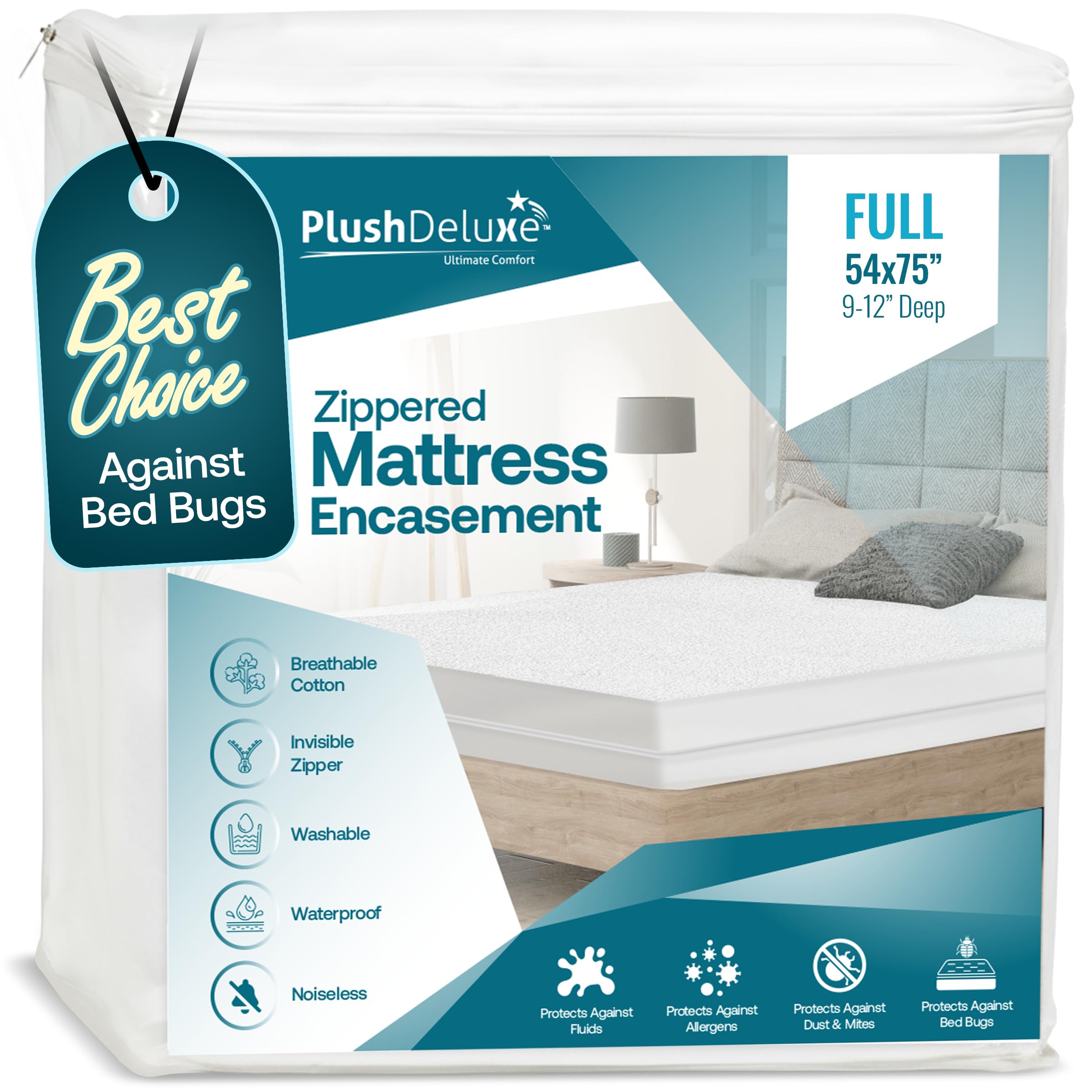 PlushDeluxe Full Size Premium Mattress Encasement - Zippered Waterproof, Bedbug Proof Design, 6-Sided Protection - Hypoallergenic Cotton Terry Fabric [9-12"] Depth