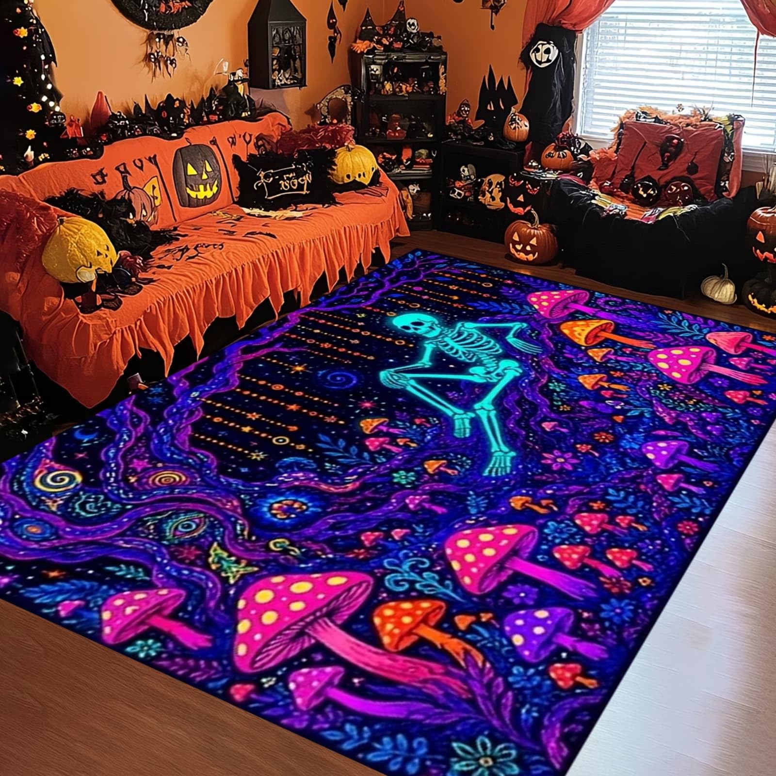 WAOTMN 180x260cm Skeleton Area Rugs for Bedroom Hippie Mushroom Large Rugs Living Room Funky Gothic Room Decor Non Shedding Soft Easy Care Halloween Mat for Lounge Game Room