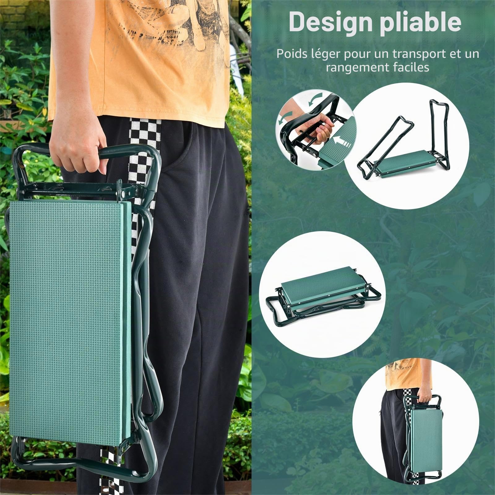 SOARS Tabouret de Jardinage 2 en 1 Pliable, Banc Agenouilloir de Jardin avec Sacs à Outils, Siège de Jardin avec Coussin Epais Mou en Mousse pour Les Genoux Eve Max. 150kg (avec 2 Sacs)