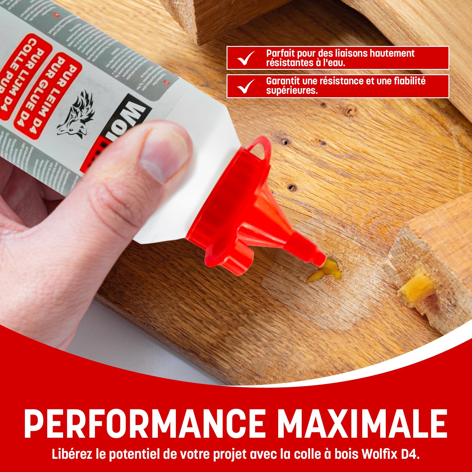 Wolfix Colle a Bois Extra Forte 500g D4 PVC PUR PU Express - Colle Polyuréthane Résistante à l'Eau et à Séchage Rapide - Colle à Bois PVC, de montage, de bricolage