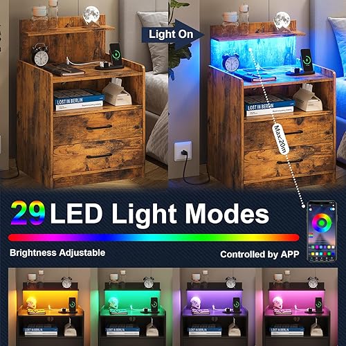 Miniatura 10 de Mesita de noche LED con estación de carga, mesita de noche con 2 cajones y almacenamiento abierto, mesita de noche con luces LED, mesa auxiliar