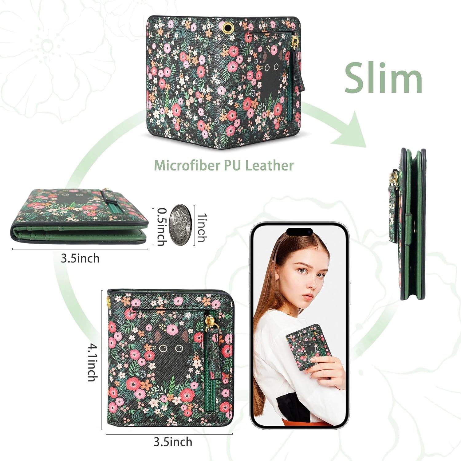 COSHAYSOO Cute Black Cat Floral RFID Slim Wallet for Women Teen Girls with Wristlet Keychain, Personalized Green Small Bifold Wallets Woman Easter Basket Stuffers Birthday Gifts for College Teenager thumbnail