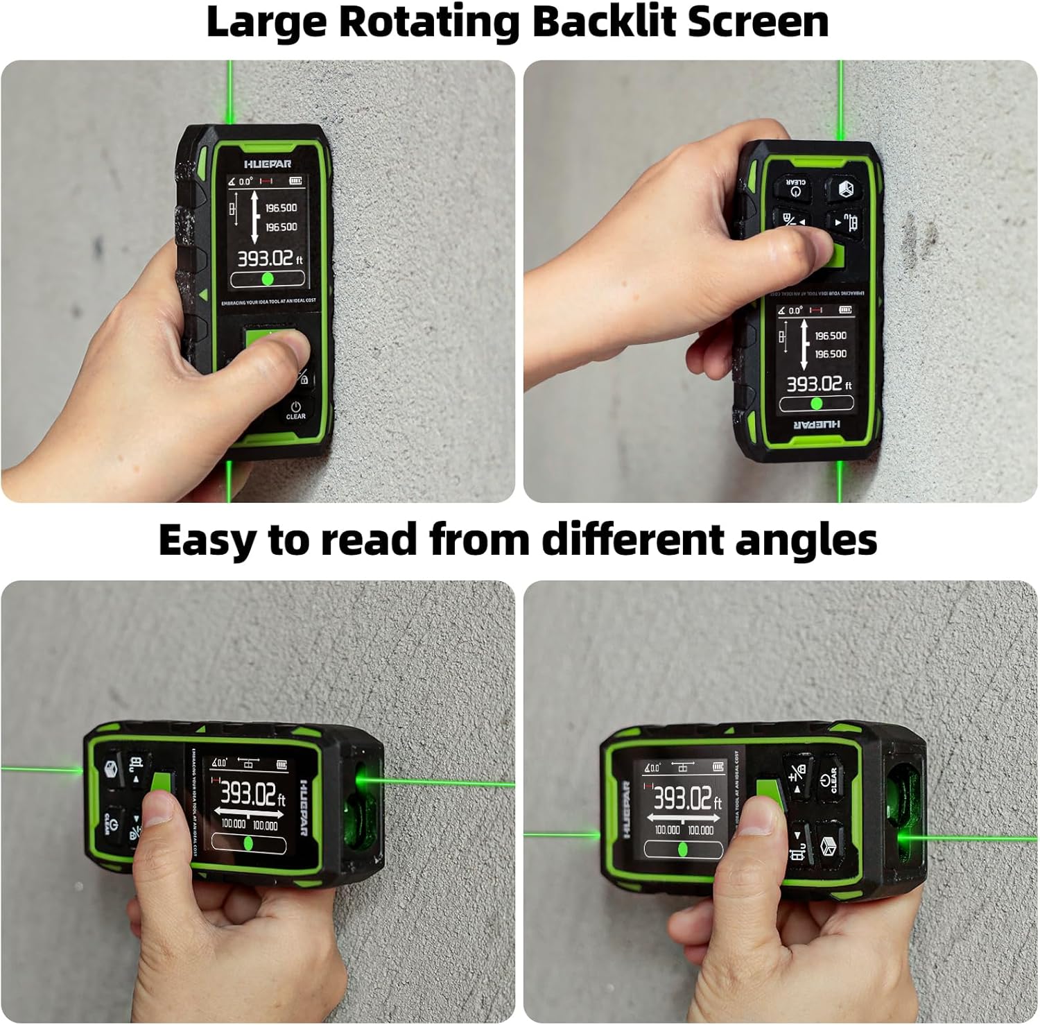 Hands holding the laser measure in various orientations, demonstrating the large rotating backlit screen's readability