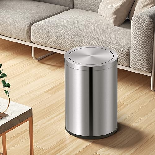Miniatura 8 de Mbillion Bote de basura pequeño con tapa oscilante de 2.4 galones9 litros, mini bote de basura con tapa, cubo de basura cilíndrico de acero