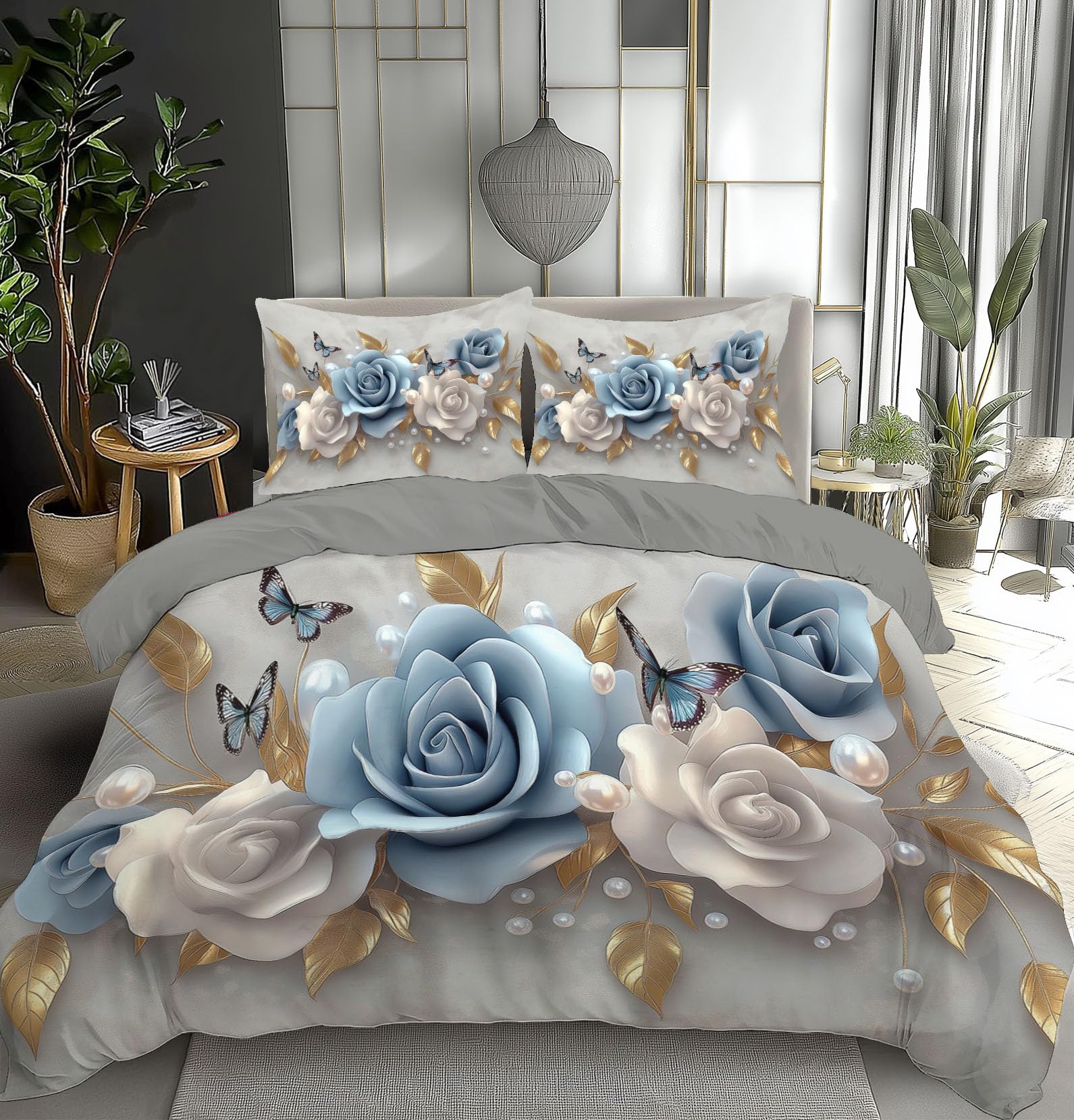 Linge de lit imprimé rose papillon et housse de couette 200x200cm fleurs 3D gris clair