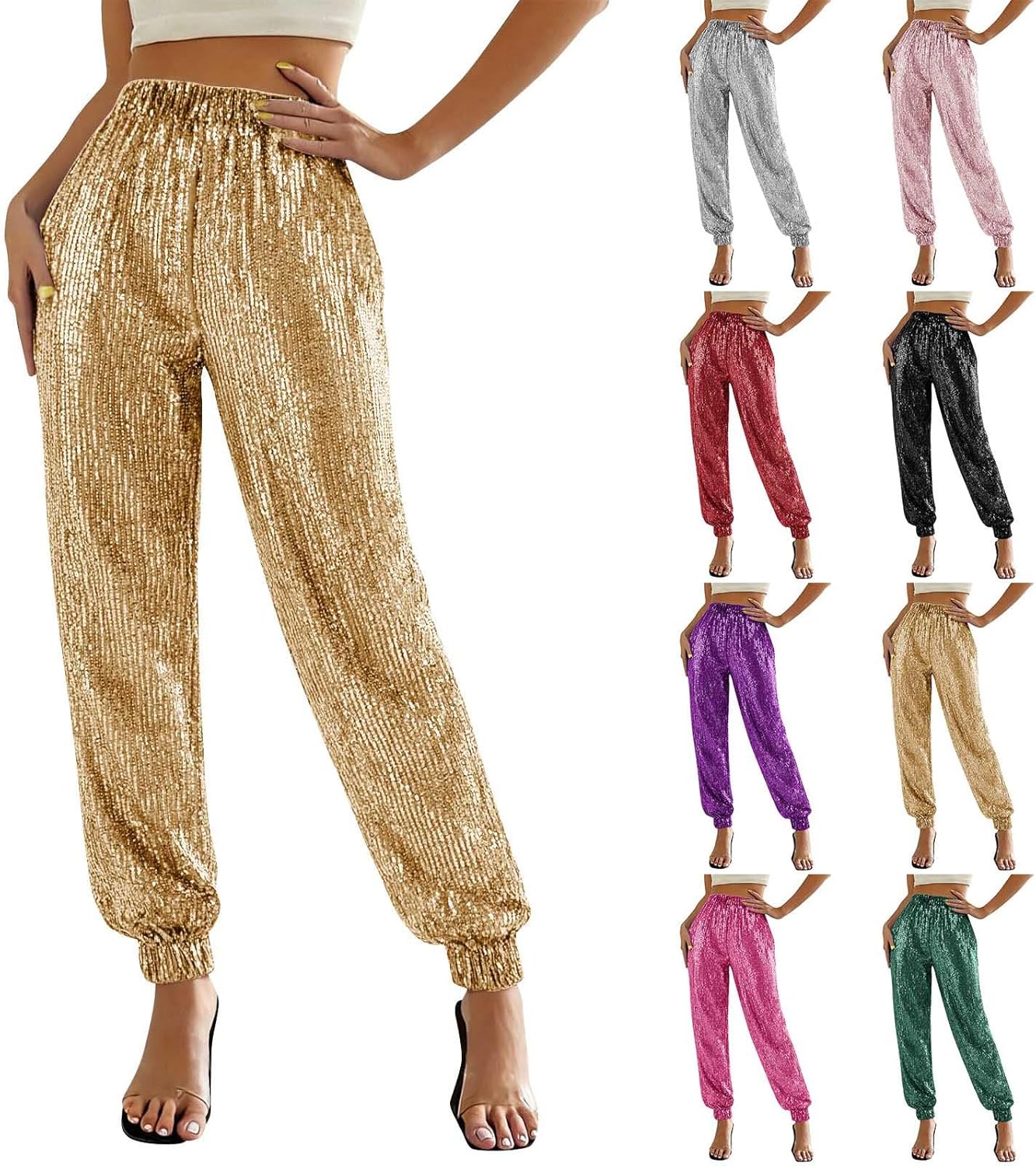 Sparkly Pants for Women Elastic High Waisted Shiny Sequin Trousers Casual Loose Long Pencil Pant Holiday Outfits