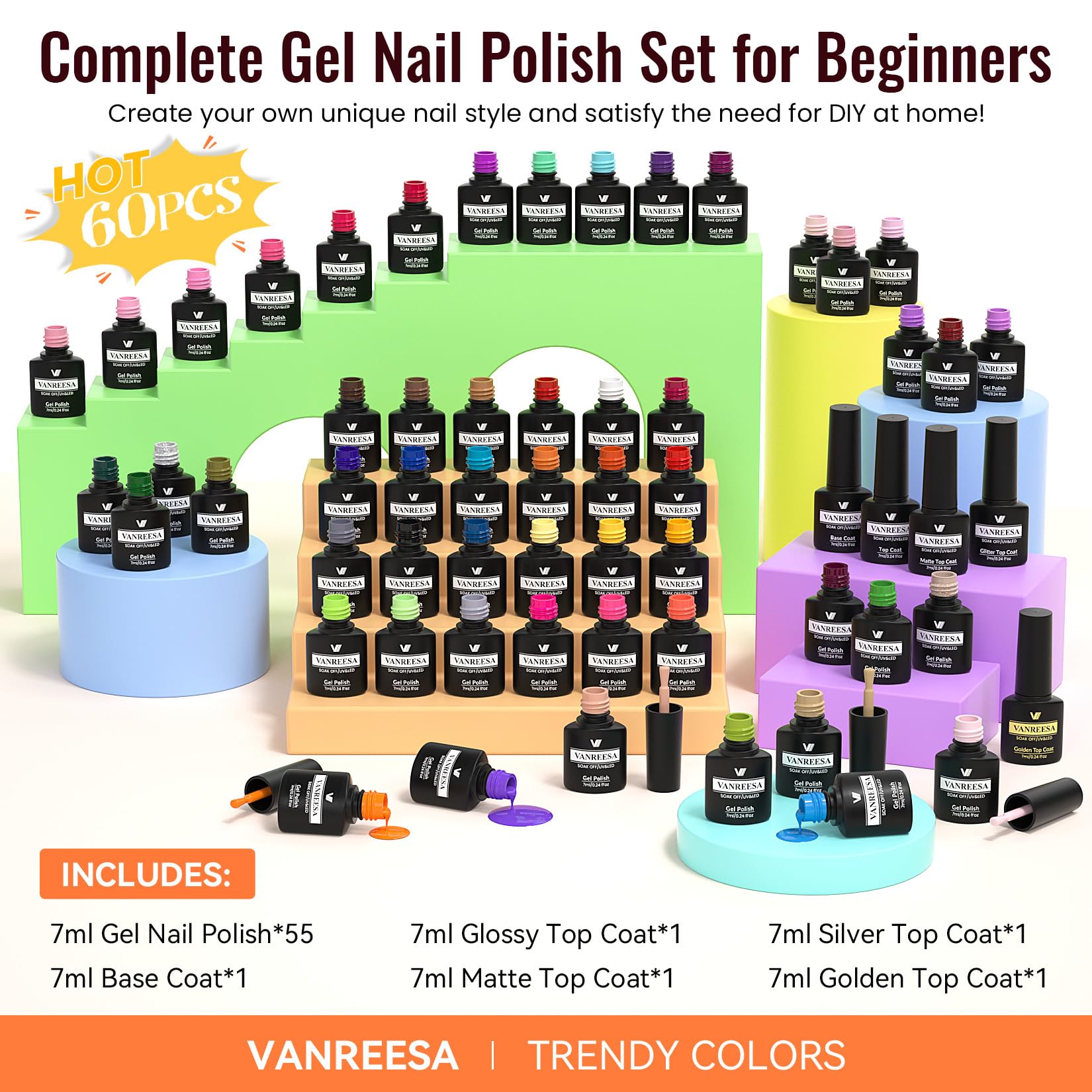 Juego de 60 esmaltes de uñas de gel, 55 colores con capa base y 4 efectos de capa superior, juego de esmalte de gel a todo color para todas las estaciones, regalo para mujeres y niñas, salón 8