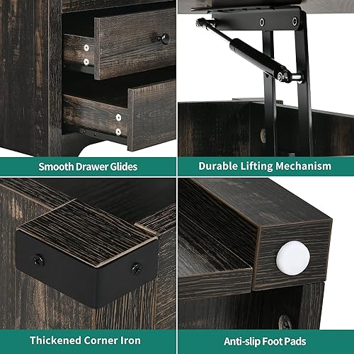 Miniatura 4 de YITAHOME Mesa auxiliar elevable, mesa de centro de granja con compartimento oculto y 2 cajones, mesas de café grises para sala de estar, mesa de