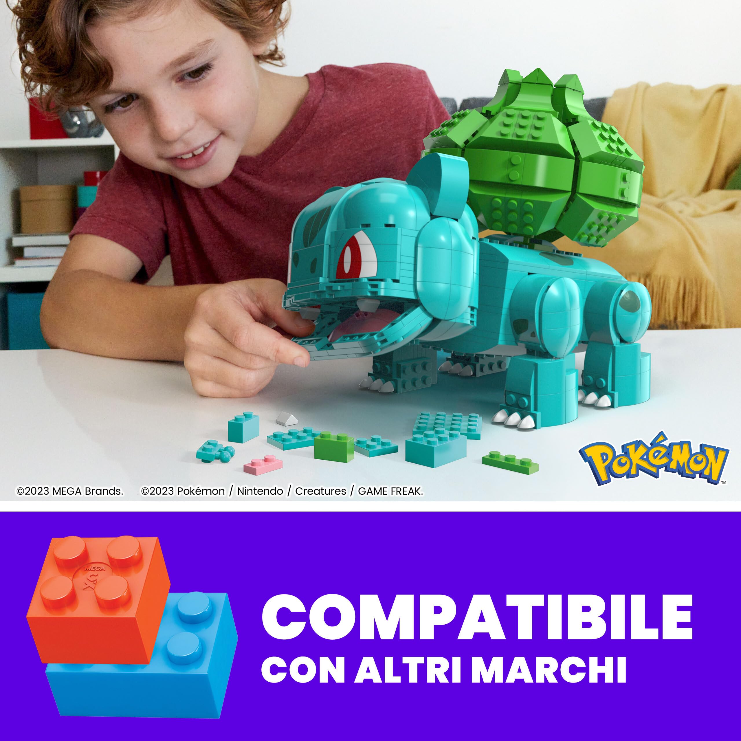 MEGA Pokémon Bulbasaur Gigante, Action Figure da Costruire per Bambini con 355 Pezzi, 18 cm di Altezza, Idea Regalo per Bambini da 7 Anni, HNT96