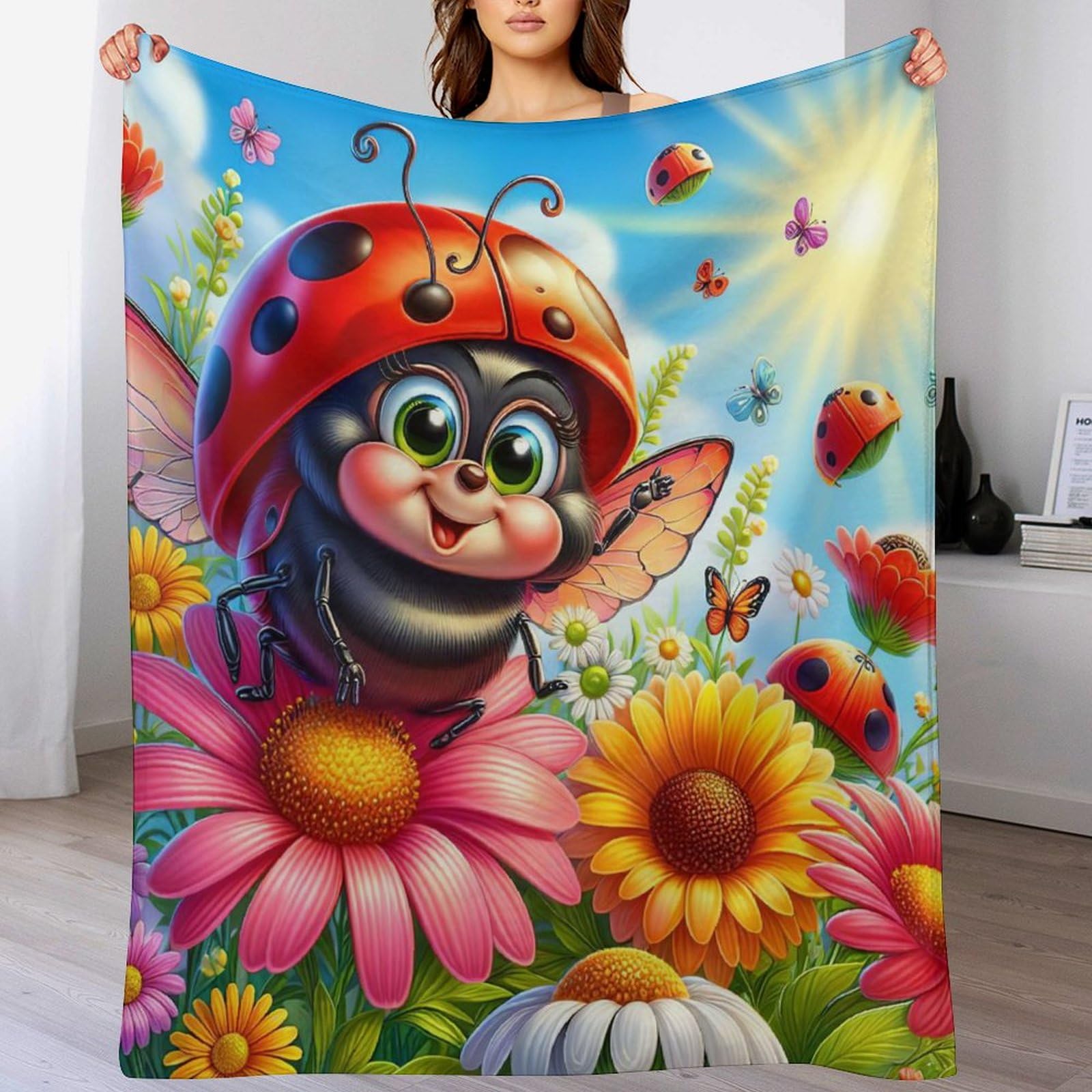 Couverture flannel coccinelle douce et chaude de 130x180cm pour lit