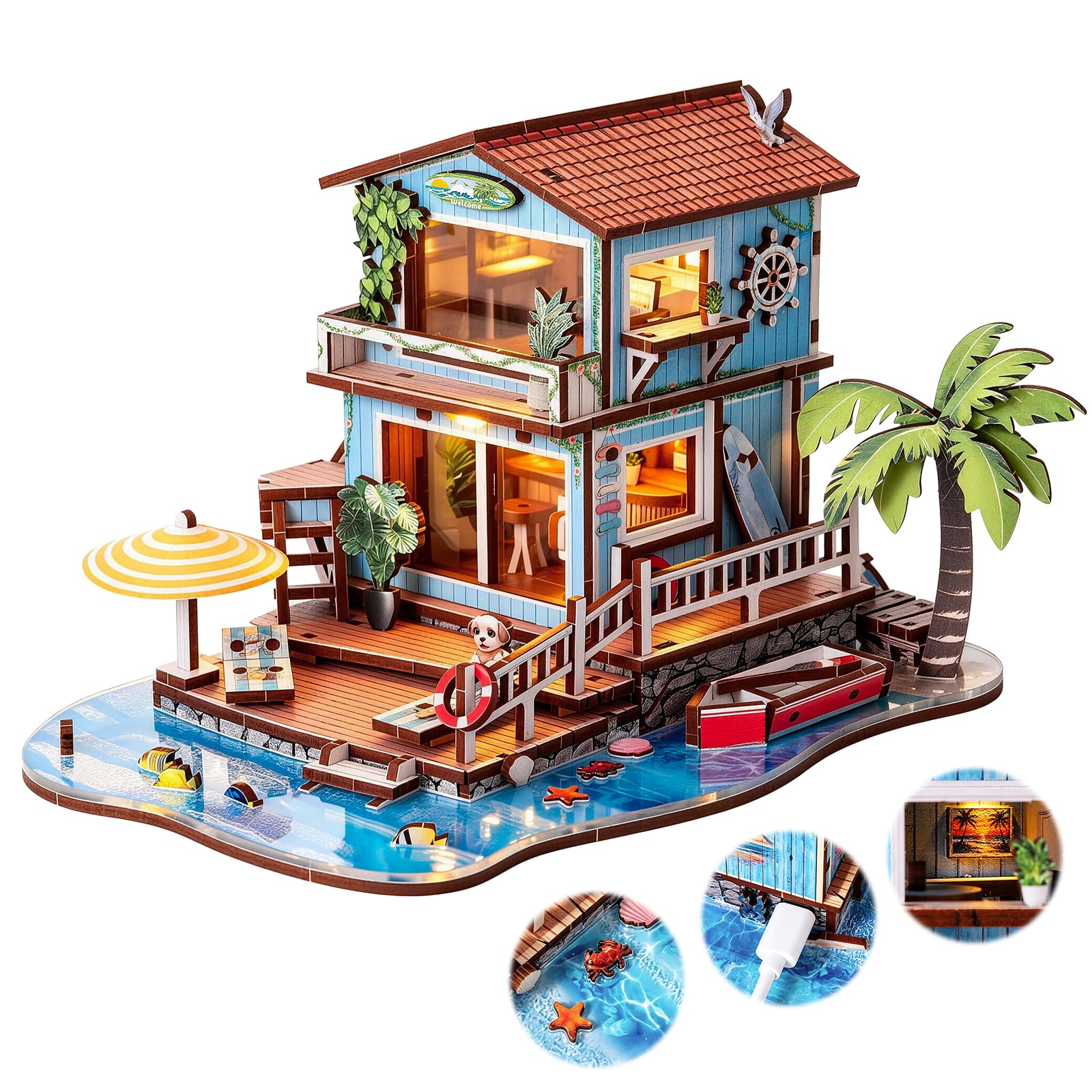 3D Wooden Puzzle for Adults Seaside Cottage Model - DIY Miniature Building Kit with LED Lights - Ocean Beach Holiday House Rural Model Craft Home Decor Gift 14+