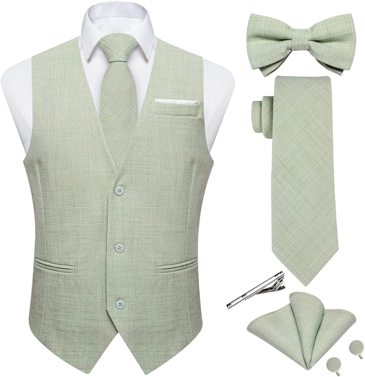 DiBanGu Mens Linen Suit Vest Casual Waistcoat and Necktie & Pre-tied Bowtie Set 6PCS Solid Color Dress Vest for Wedding Party