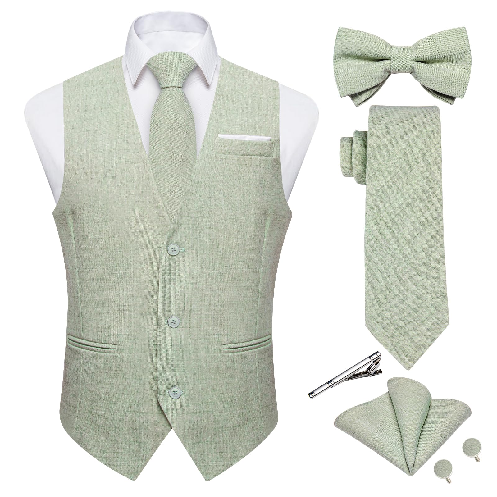 dibangu Mens Linen Suit Vest Casual Waistcoat and Necktie & Pre-tied Bowtie Set 6PCS Solid Color Dress Vest for Wedding Party-picture-14