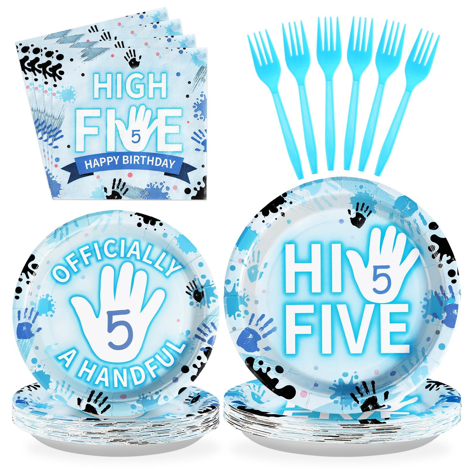 96Pcs Hi Five Party Decorations Blue High 5 Year Old Plates And Napkins Tableware Sets Officially a Handful 5th Birthday Decorations for Kids Girls Boys Five Years Old Birthday Supplies Serves 24