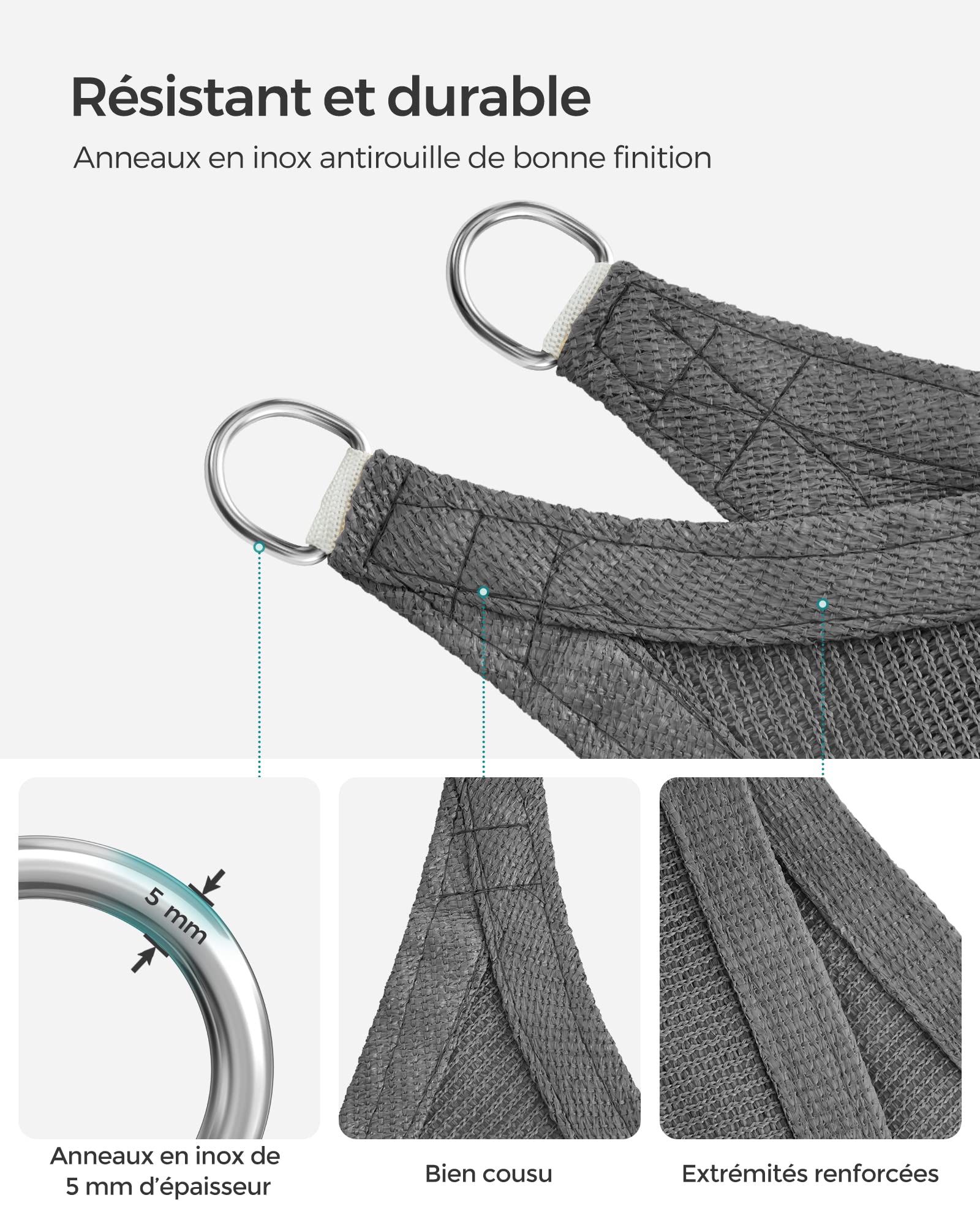 SONGMICS Voile d’Ombrage 4 x 4 m, Protection Solaire en Tissu HDPE, Respirant, Perméable à l’Eau, pour Terrasse, Jardin, Balcon, Camping, Carré, Concave, Cordes de 2 m, Gris Anthracite GSS44GY