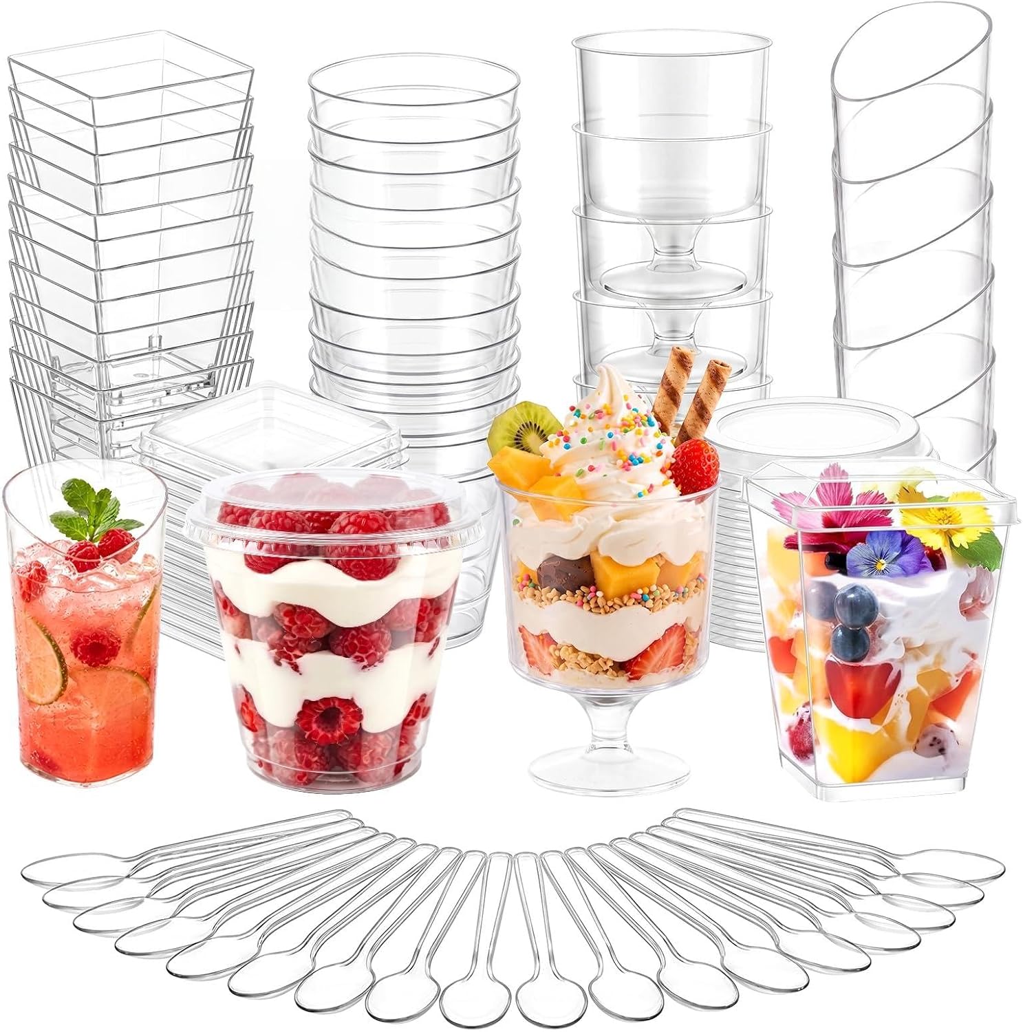 5 oz Plastic Mini Dessert Cups Lids & Spoons - 400 Pack 4 Styles