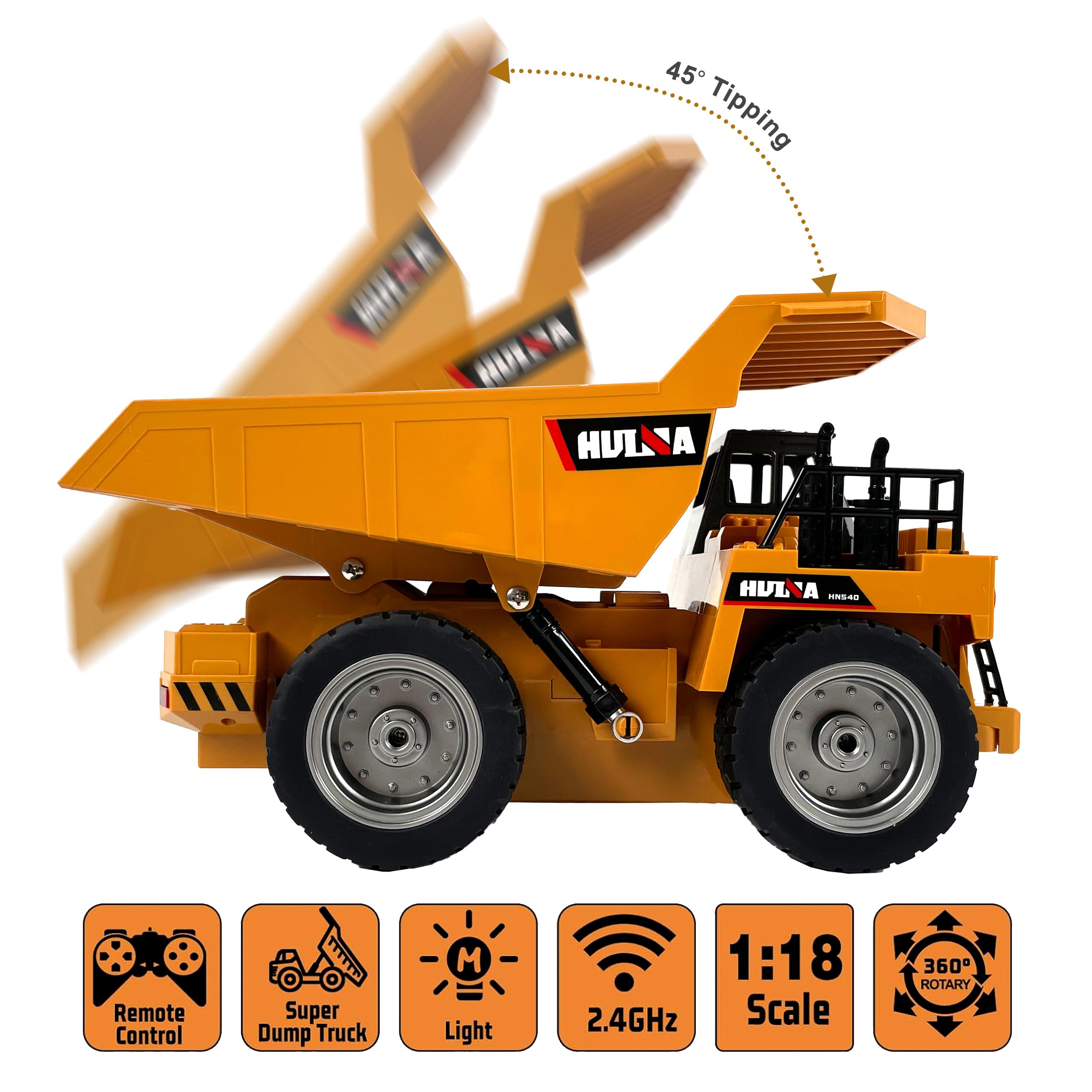 CELMAN Zdalnie sterowana wywrotka – ciężarówka wywrotka RC, zabawka 1:18, pojazd budowlany z metalową kabiną, światła LED, 9-kanałowe sterowanie, gumowe opony, 2,4 GHz, realistyczna funkcja