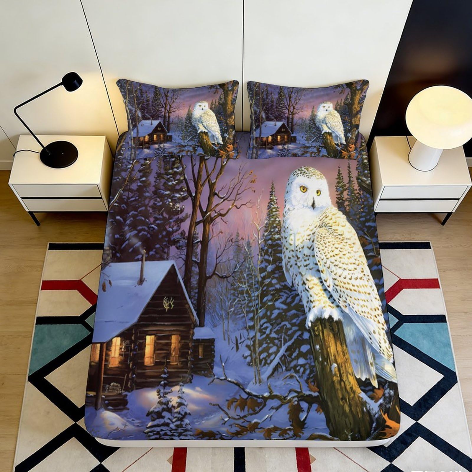 Jqzkxnhpbr Style-8 3D Printed Snowy Owl Cabin Fitted Sheet Microfiber Winter Forest Bed Cover For Bedroom Guest Room Mattress Decor 90X200x25cm