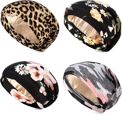 Geyoga 4 piezas de gorro de satén de seda para mujeres durmiendo, gorro de dormir de doble capa, gorro de dormir holgado