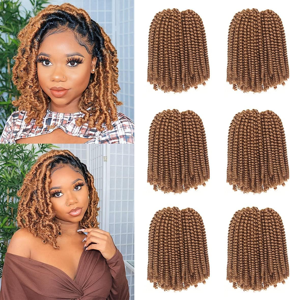 Xtrend 8 Inch 6Packs/lot Spring Twist Hair Crochet Braids Synthetic Hair Extensions for Distressed Butterfly Locs Brown Braids Kinky Curly Passion Twists Fluffy Twist for Women 27#