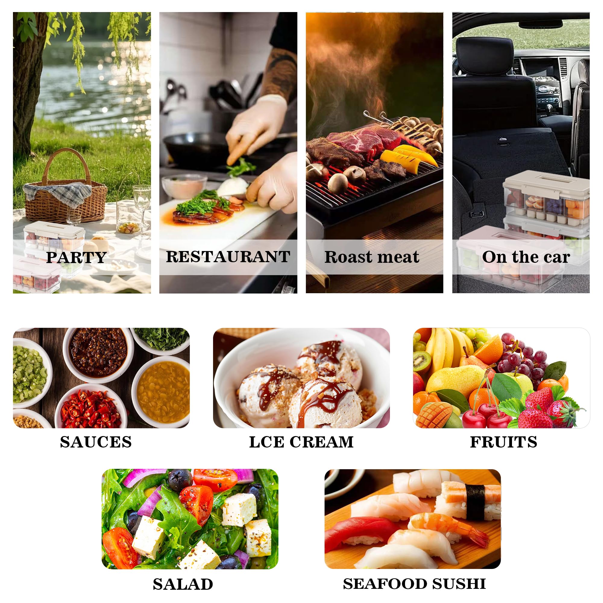 Paquete de 2 organizadores de condimentos enfriados con hielo con 4 recipientes y 4 tapas, bandeja para servir frutas con asa, organizador de condimentos portátil para suministros de barra de