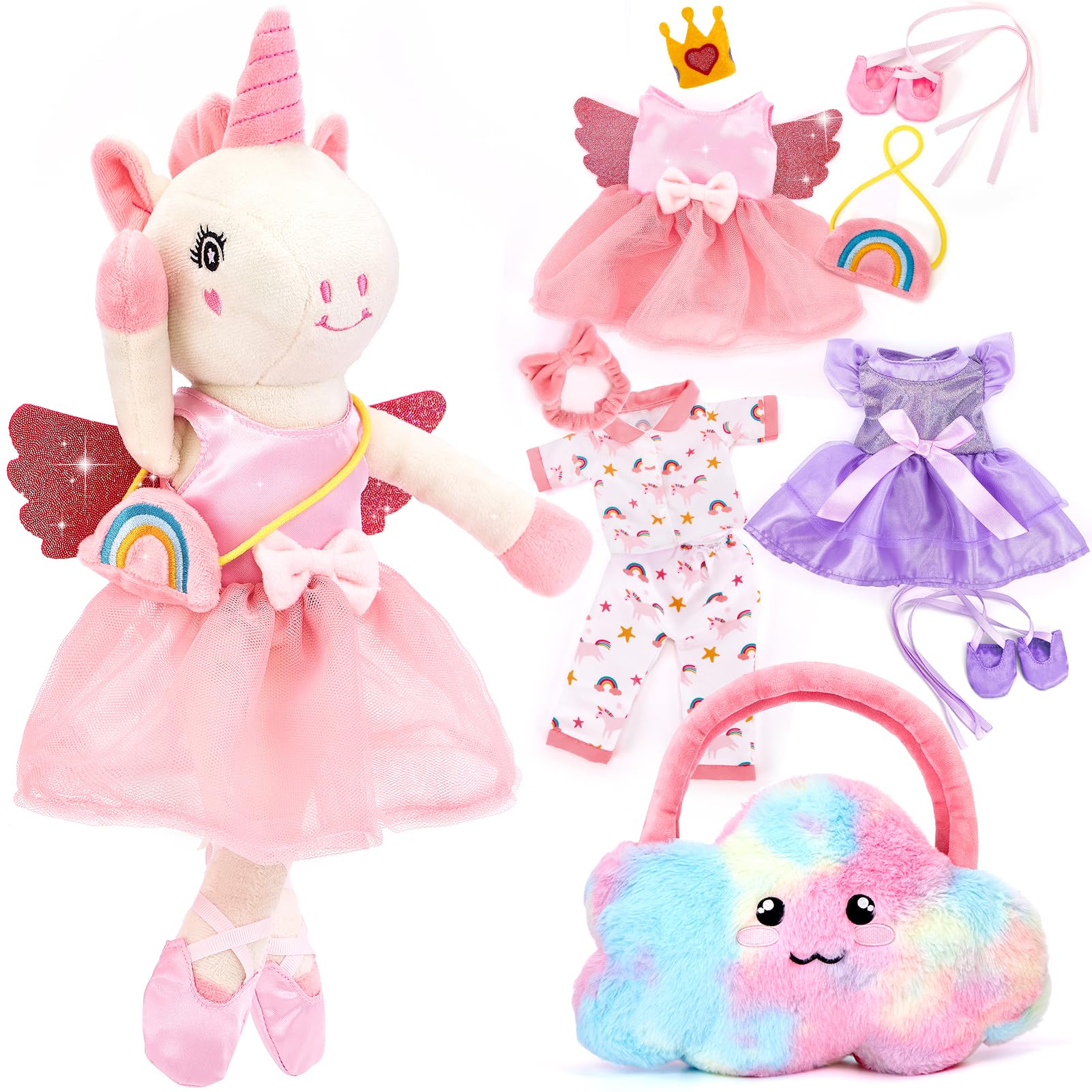 hahaland Regalo Bambina 3-6 Anni, 10 PCS Set di Unicorno Bambina Regalo con Unicorno Peluche, Borsa e 3 Abiti, Vestire la Bambola Giochi Bimba 3 4 5 6 Anni Femmina