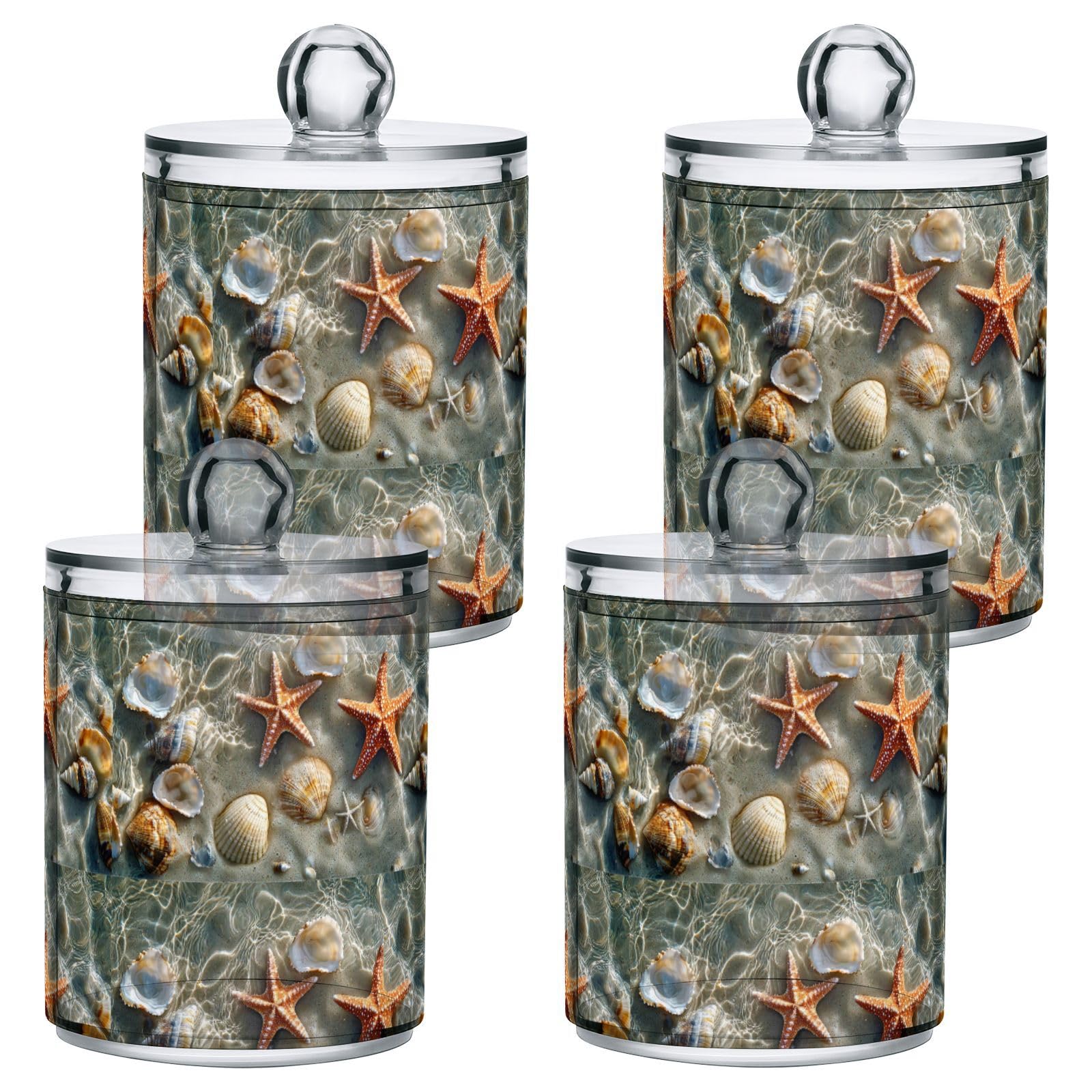 Gredecor 4 Pack Qtip Holder Clear Beach Starfish Shells (7) Apothecary Jars with Lids Acrylic Bathroom Jars Vanity Countertop Canister Storage Organizer for Cotton Ball,Swabs,Pads,Floss