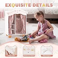 Vista 4 de ROBUD Armario de Juguetes de Madera para Muñecas, Guardarropa con 5 Percheros, Espejo, Cortinas de Terciopelo, Para Ropa de Muñecas American Girl