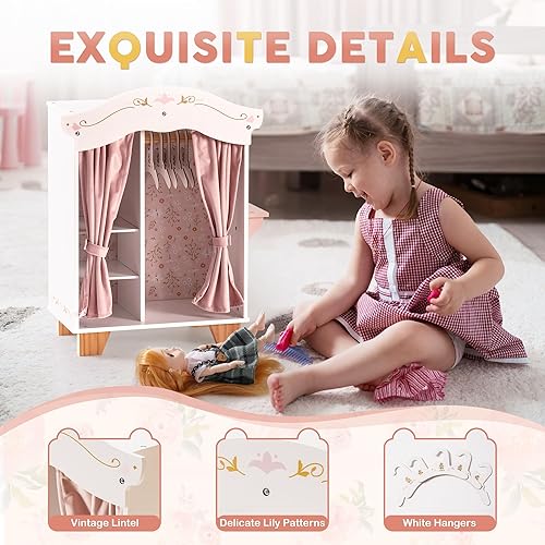 Miniatura 4 de ROBUD Armario de madera para muñecas, armario de muebles de muñecas con 5 perchas, espejo, cortinas de terciopelo, apto para ropa de muñecas de 16 a