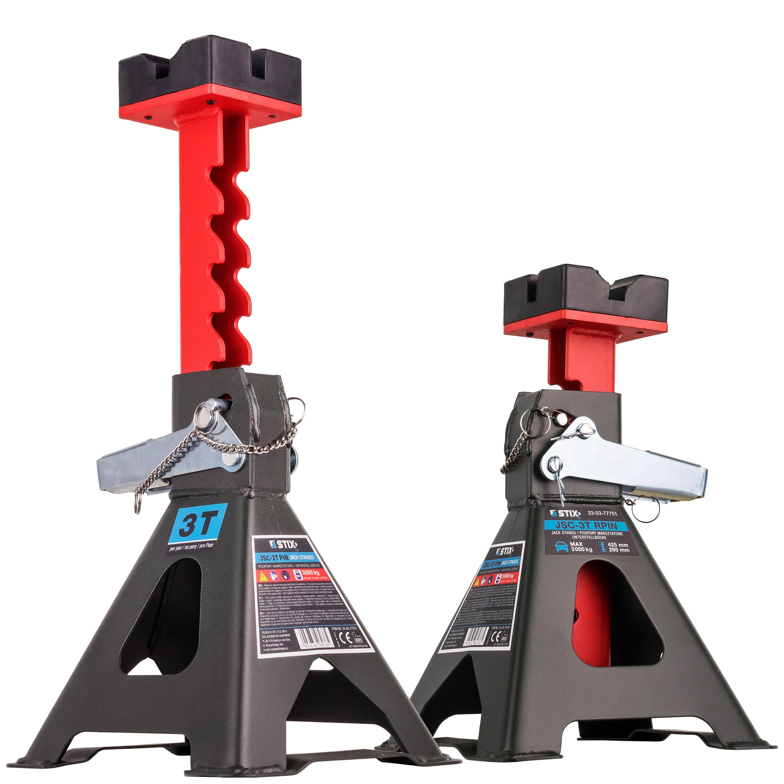 4X Caballetes de apoyo 3T con pinza de seguridad - 4 piezas de gato elevador de pie - Altura ajustable de 275-430 mm - con soporte de goma y doble bloqueo para coches y vehículos