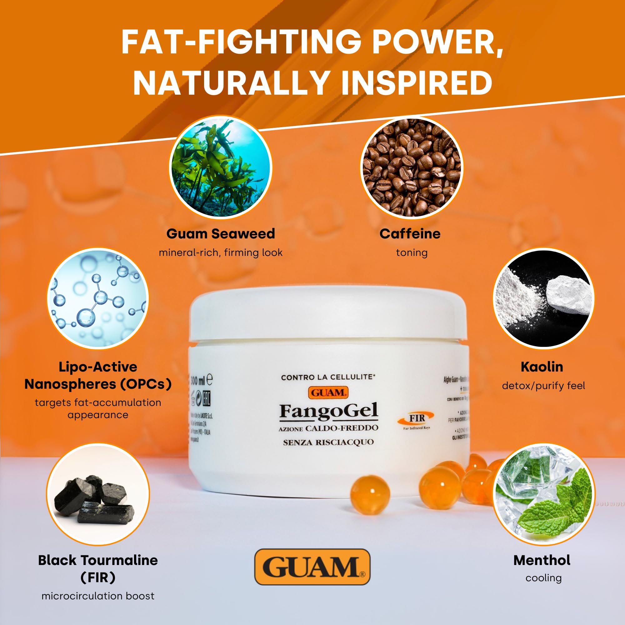 Guam Fangogel F.I.R. Contro la Cellulite Senza Risciacquo Azione Caldo-Freddo con Nanosfere Lipoattive, Caffeina, Mentolo, Giallo, 300