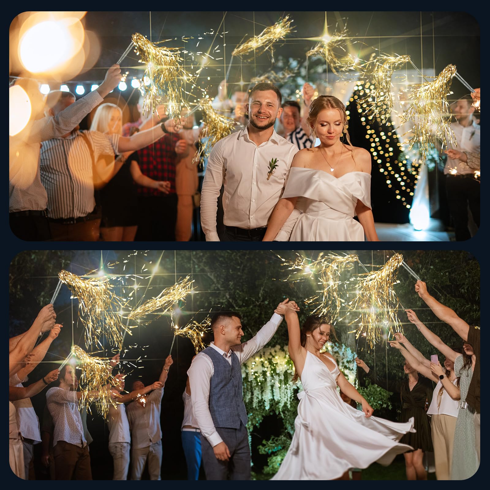 Simgoing 48 varitas de hadas iluminadas para boda, palitos de oropel de aluminio con luz LED, que brillan en la oscuridad, varitas intermitentes para fiestas de cumpleaños (dorado)