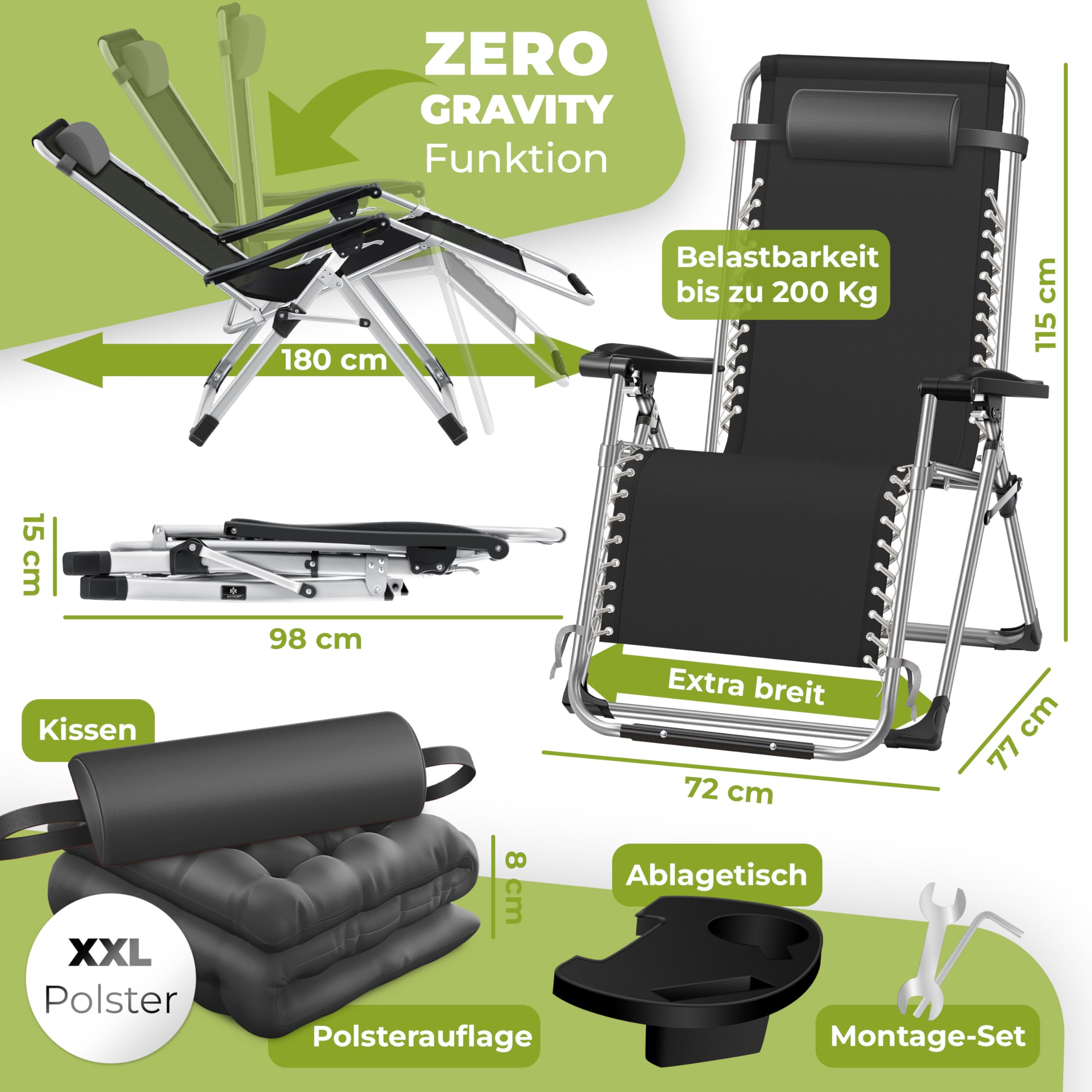 KESSER® Tumbona Plegable y Resistente | Silla de Jardín, Capacidad de 200 kg, Acolchado Ergonómico Extra Ancho, Respaldo Ajustable, Almohada para el Cuello y Portavasos