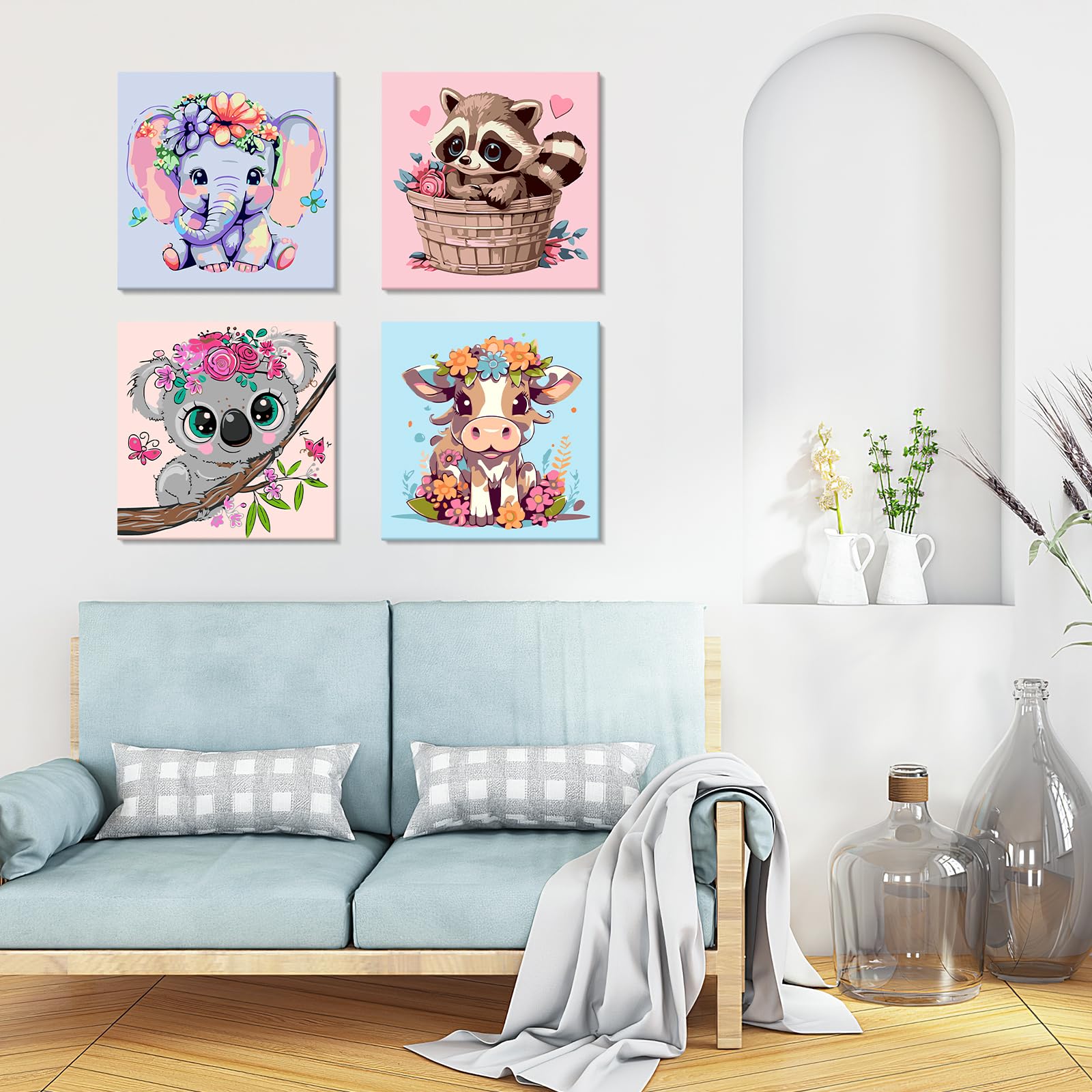 Kit De Pintura Por Números Para Niños De 4 Cuadros Con Marco, Animales (perezoso, Panda, Erizo, Rana), De 20x20 Cm, Ideal Para Regalar