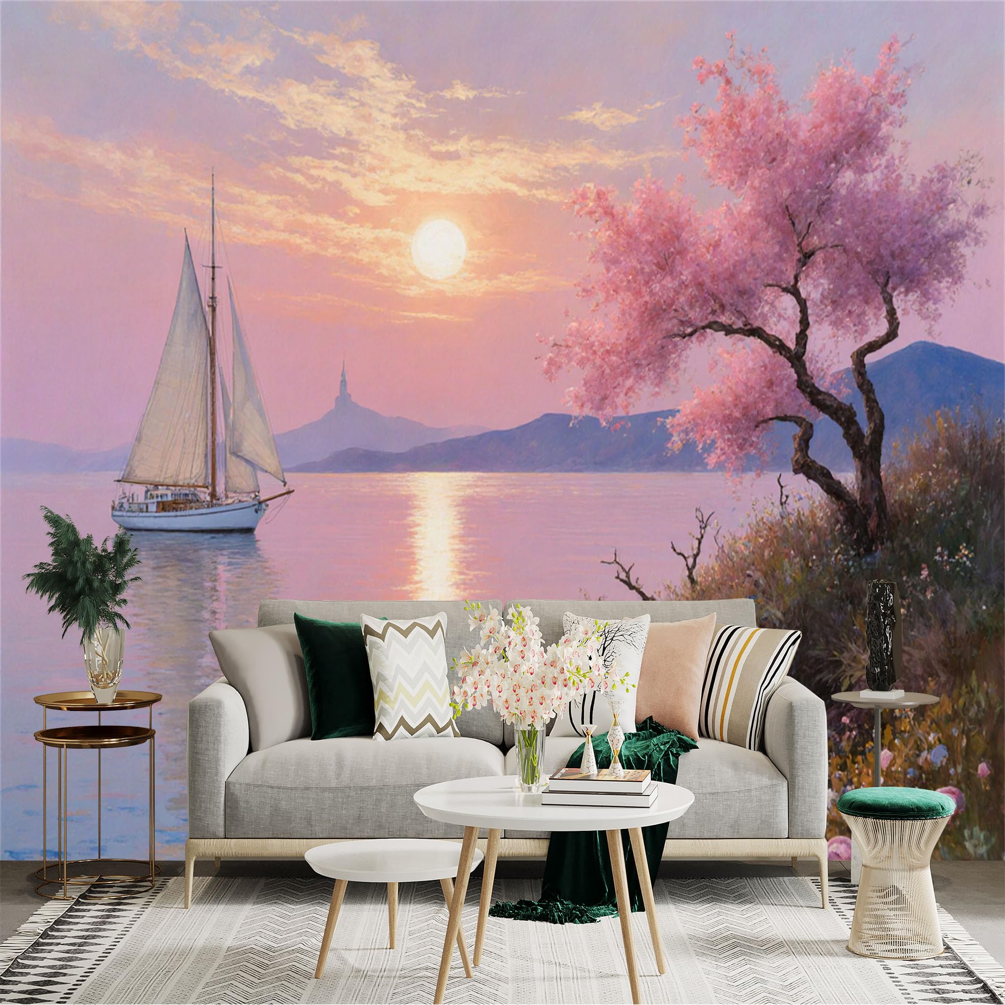 Custom Size Wall Sticker Mural， Sailboat on Pink Sunset Lake with Cherry Blossom Tree and Mountain View， for wall Decoration， peelandstick wall Decals.