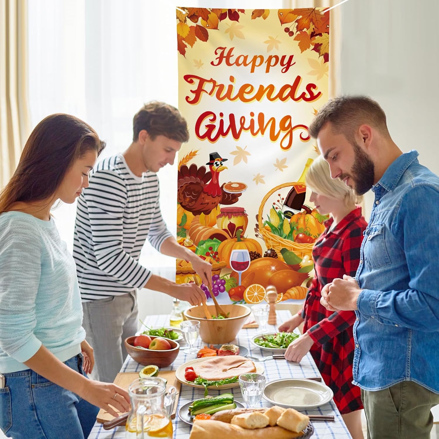 HOWAF Happy Friendsgiving Door Cover, Friends Giving Party Decoration Door Banner, Happy Friendsgiving Front Door Decoration Welcome Banner for Thanksgiving Party Give Thanks Events Friends Party Decor Supplies