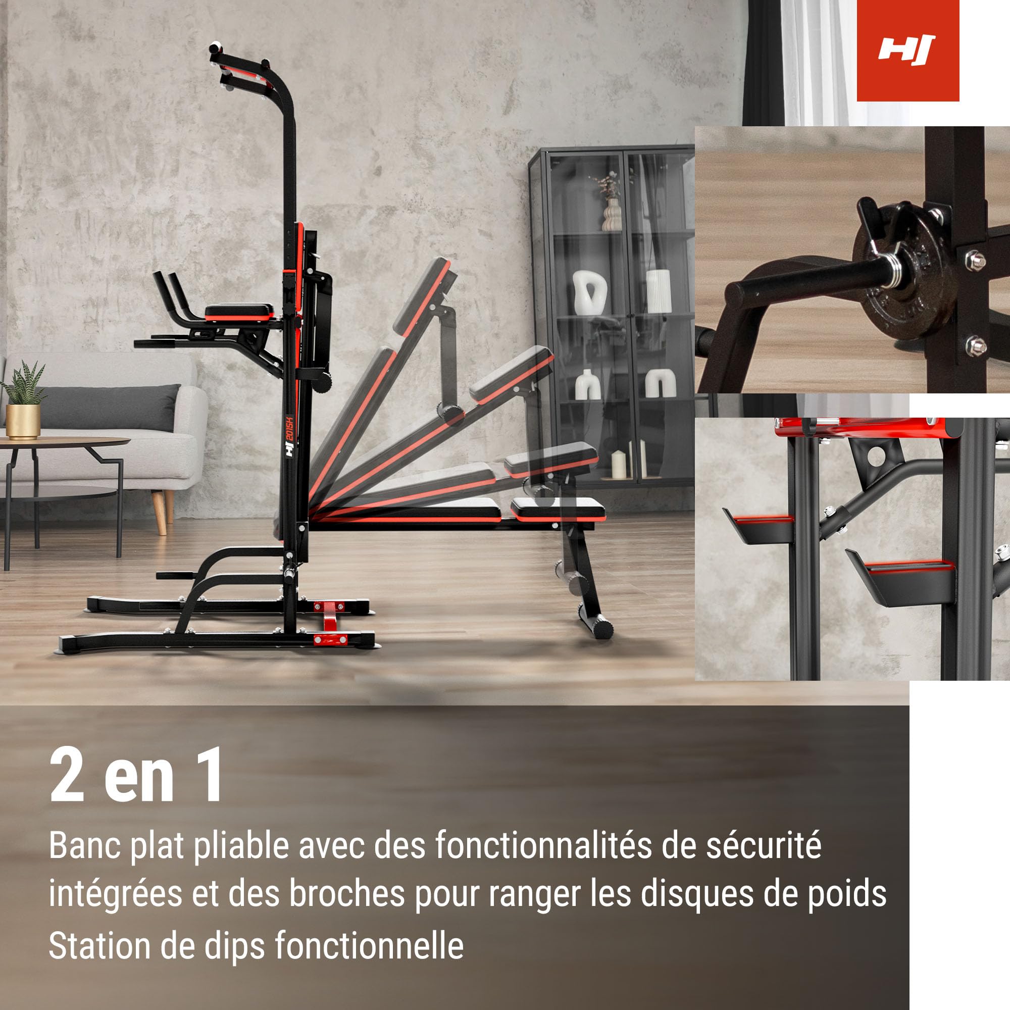 HOP-Sport® Power Tower HS-2015K avec Station de dips et Barre de Traction, Chaise Romaine avec Banc de Musculation Pliable et Support pour haltères, Station de Musculation avec Charge Max. 150 kg