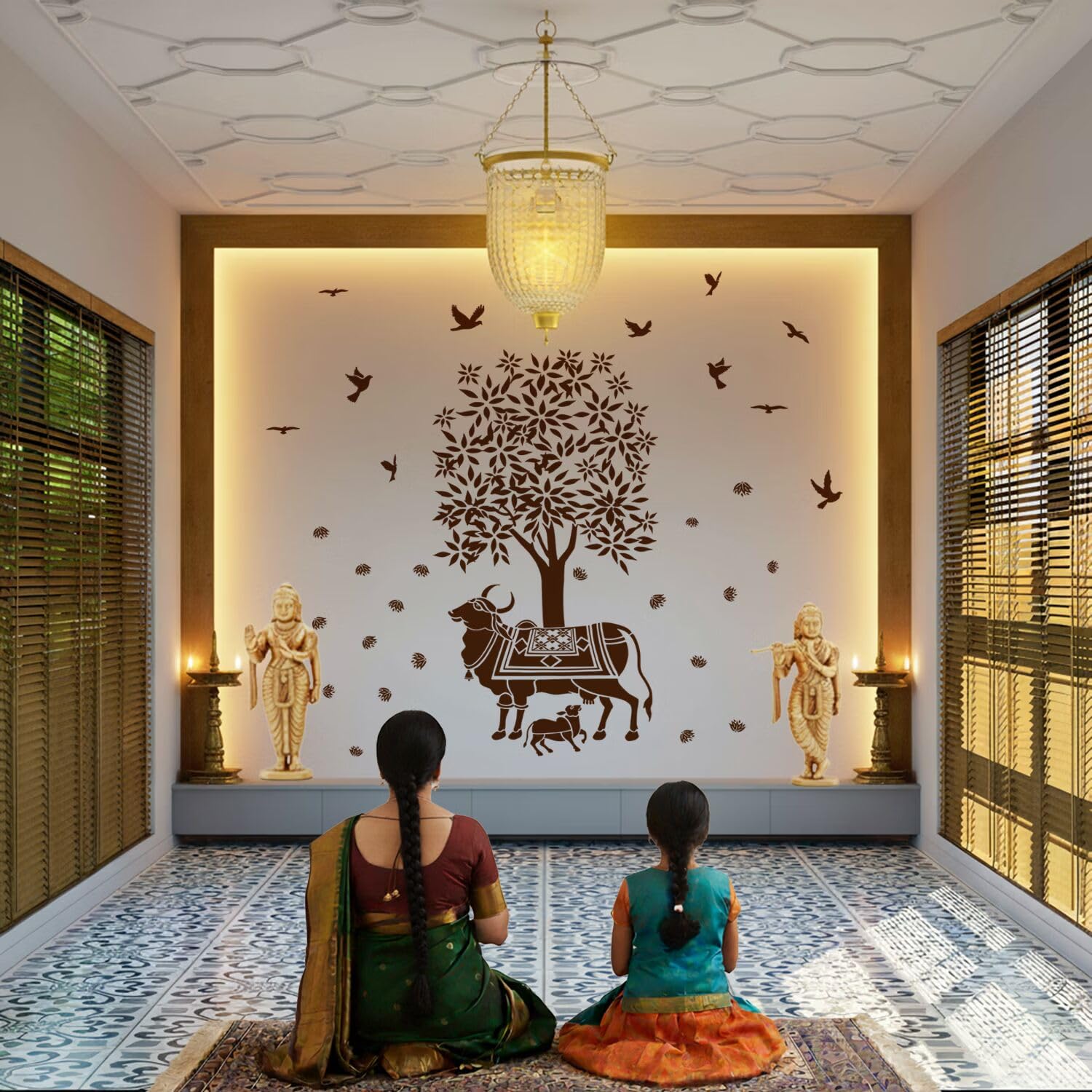Indian Traditional Cow and Tree Wall Decal Sticker, Brown | Pongal Theme, Birds & Floral Motifs, Pooja Room Decor, Removable Vinyl, Easy Application-image-18