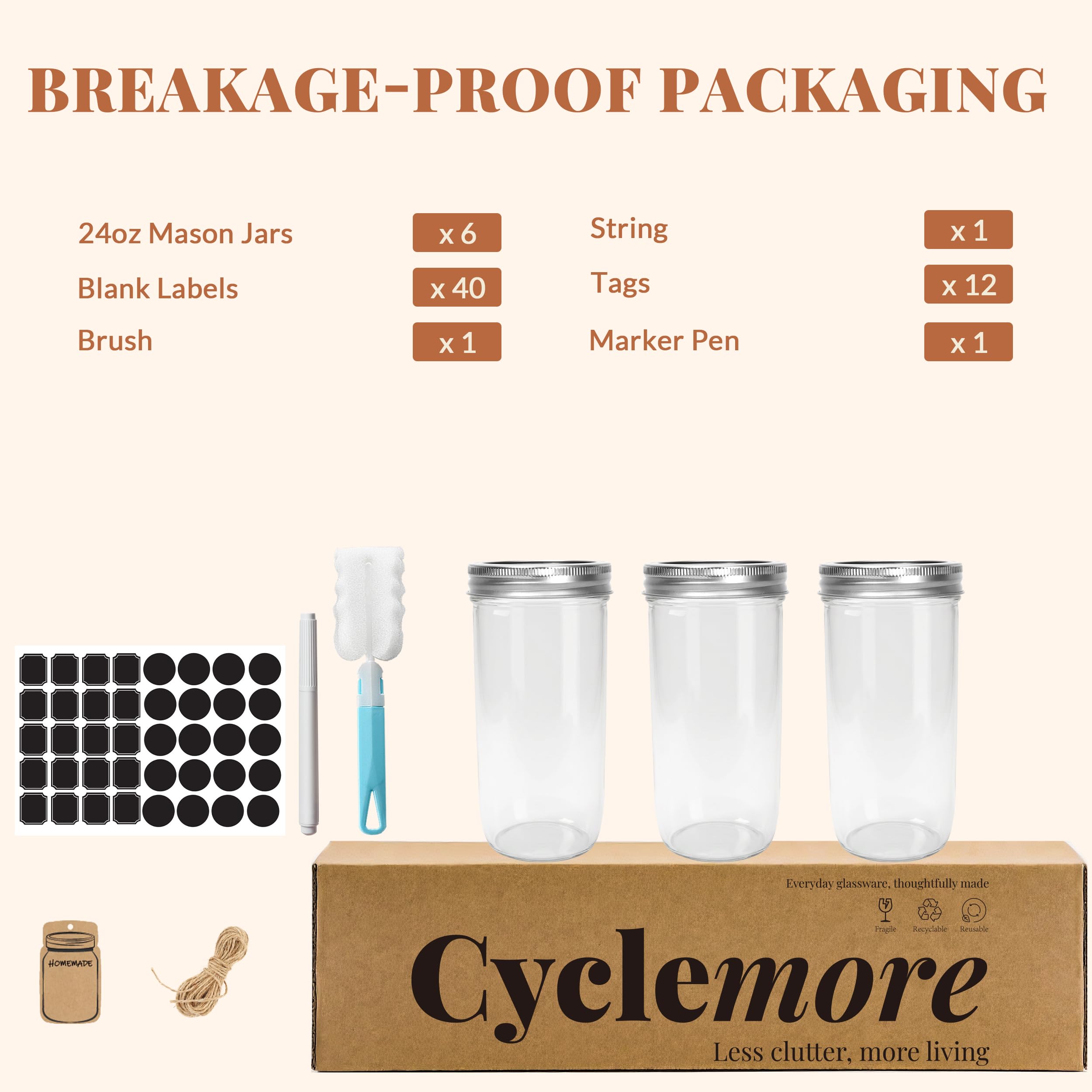 CycleMore Paquete de 6 tarros de vidrio Mason de 24 onzas con tapas separables plateadas, tarros de conserva de boca ancha para gelatina, mermelada, miel, recuerdos de boda, especias y hierbas