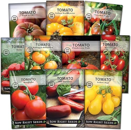 Sow Right Seeds - Colección de semillas de tomate para plantar - 10 variedades con muchos tamaños, formas y colores - Paquetes de reliquia sin OMG
