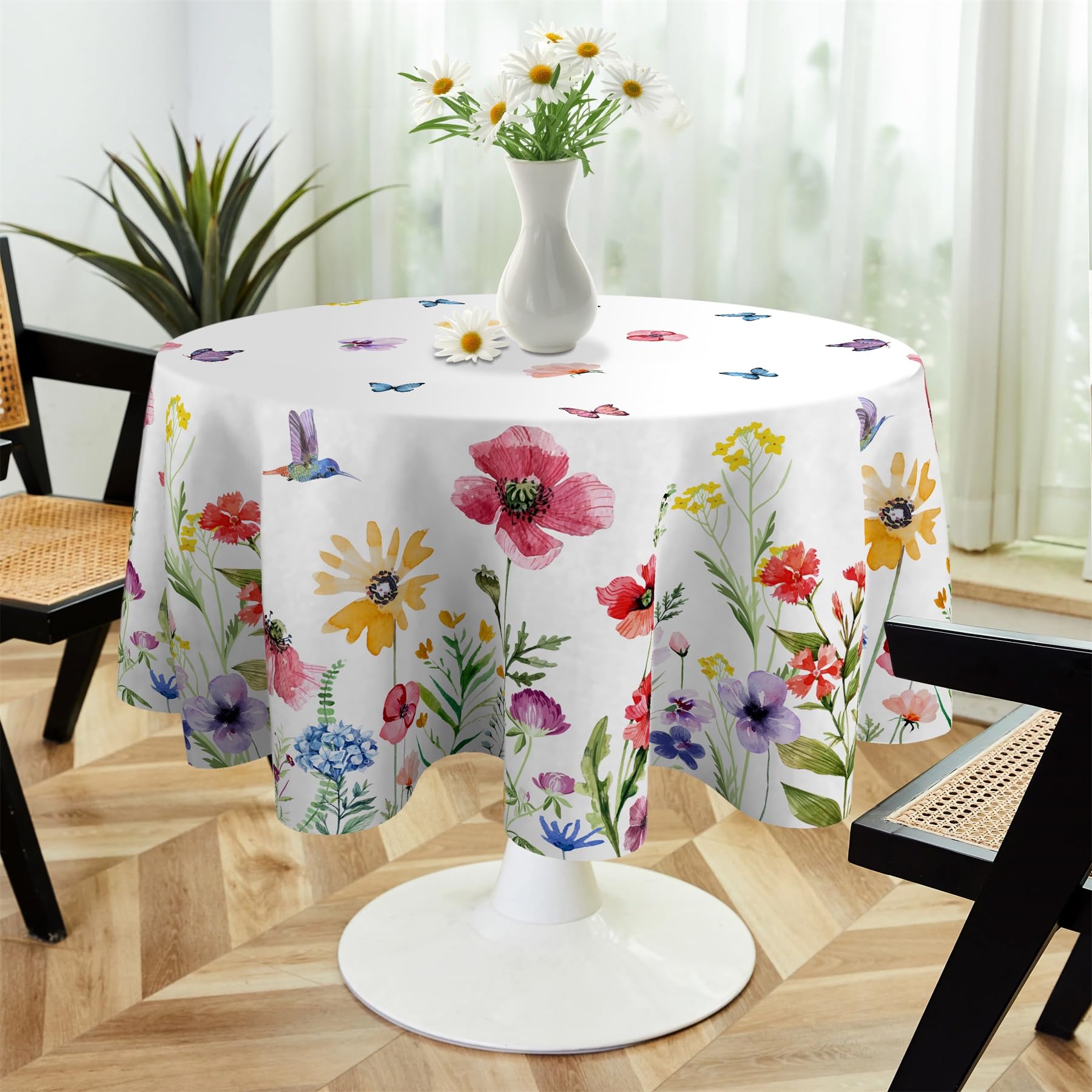 OliveSleep Round Tablecloth 152cm Wrinkle Free Washable Polyester Table Cloth for Circular Table, Home Dining Party Use, Flowers and Butterflies Round Wipe Clean Tablecloth 60 Inches (Color 03)