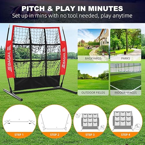 Miniatura 6 de BAGAIL Red de lanzamiento de béisbol y sóftbol, red de lanzamiento de 9 bolsillos, red de lanzamiento portátil para patio trasero con bolsa de