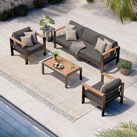 Aluminum Outdoor Patio Furniture Set with Coffee Table, 4 Piece Patio Conversation Sets with Washable Thick Cushions, Outdoor Sectional Furniture Set for Porch, Balcony, Deck, Graphite