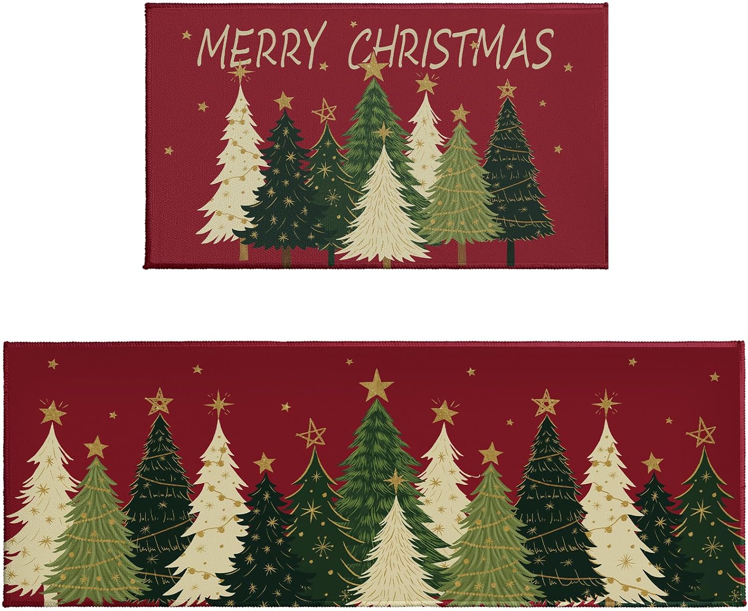 Merry Christmas Kitchen Mats for Floor Set of 2 Xmas Tree Star Dark Red Winter Print Kitchen Rugs Non Slip Washable Absorbent Holiday Theme Kitchen Runner Rugs Decor,17x30 and 17x47 Inch