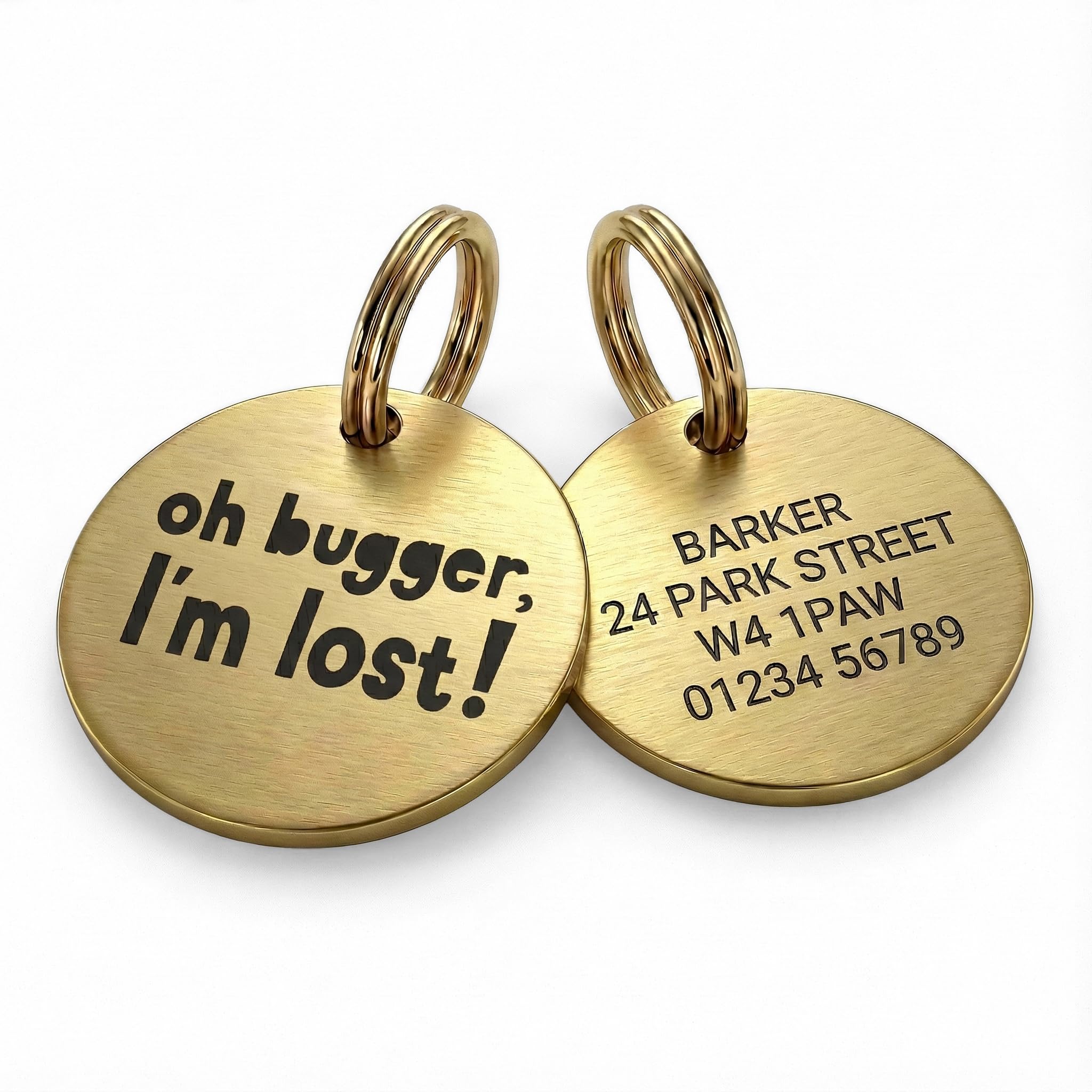Dog Name Tag Personalised Dog Collar Tag for Pets UK, Gold Brass Round ID Disc for Dogs and Cats, 20mm 25mm 30mm, Deep Engraved, UK Legal, The Stately Hound (Large)