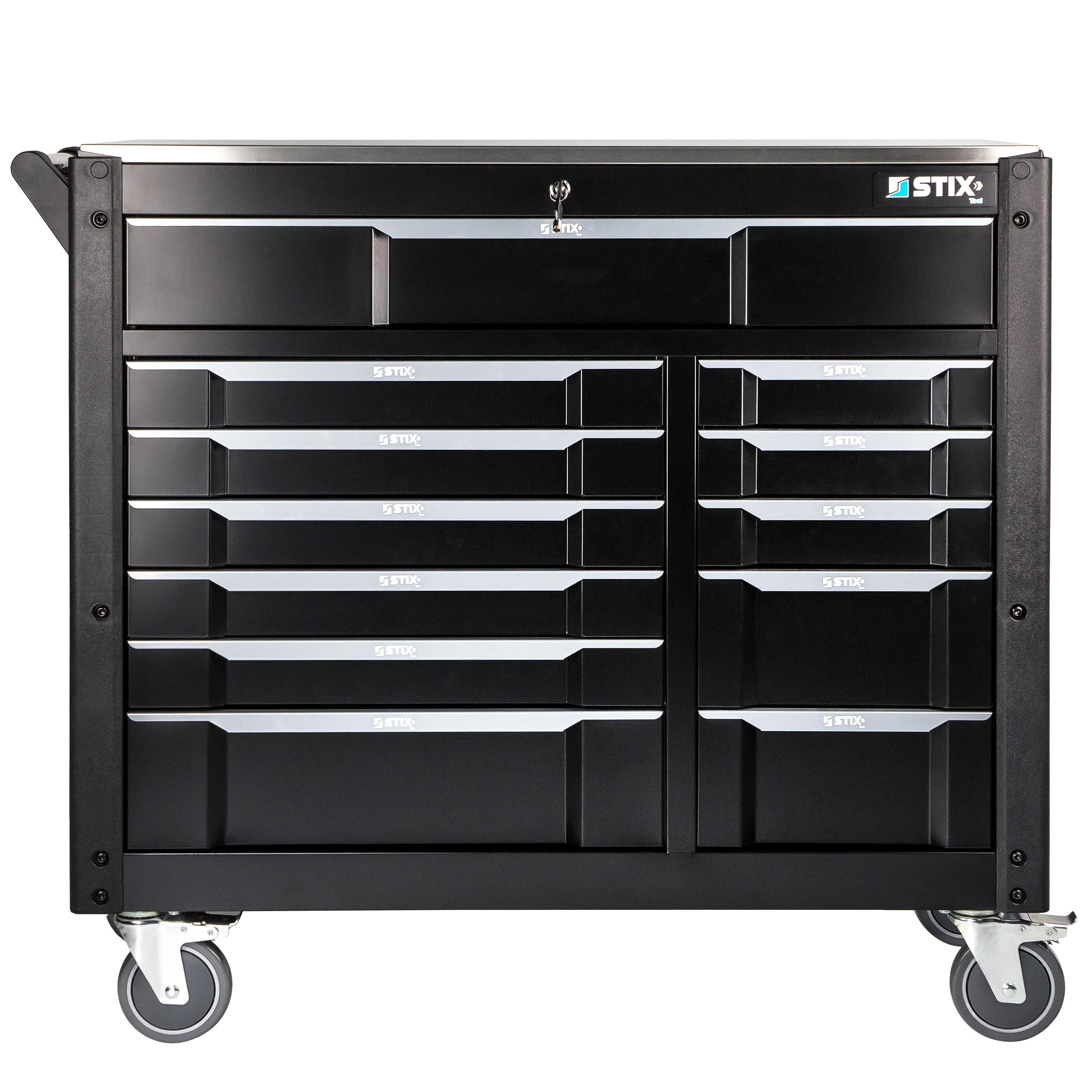 Stix Carro de herramientas UltimatePro D12 – 12 cajones, encimera de acero inoxidable, armario de herramientas con cerradura, ruedas giratorias y paredes perforadas para taller e industria